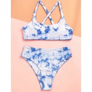 LAST ONE!Tie Dye High Waist Marble Bikini Set swimsuit swimwear blue white lined